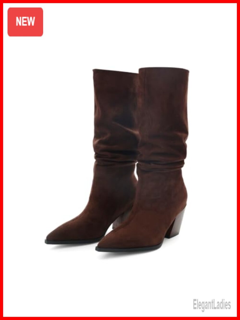 Slouchy Mid Calf Boots Faux Suede Pointed Toe Block Heel Pull On